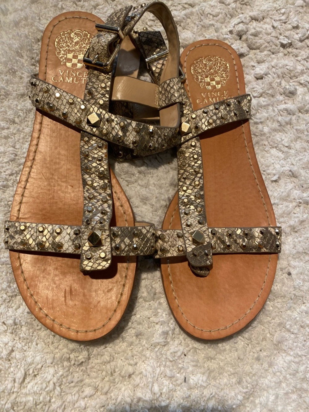 Vince Camuto Tan Snake-Print Studded Strappy Sandals